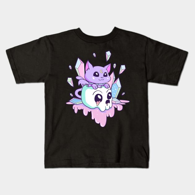 Kawaii Witchy Cat Cute Pastel Goth Creepy Skull Kitty Kids T-Shirt by Blink_Imprints10